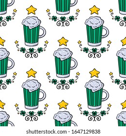 Happy St. Patrick s Day. Cartoon Seamless pattern with beer.. Funny holiday background