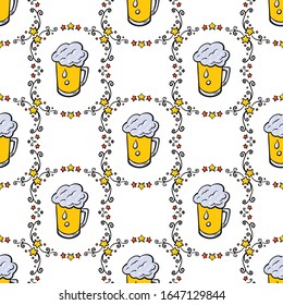 Happy St. Patrick s Day. Cartoon Seamless pattern with beer.. Funny holiday background