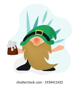 Happy St. Patrick s Day. Leprechaun cartoon flat with a mug of beer. Vector illustration on white and blue background.