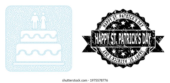 Happy St. Patrick S Day corroded seal imitation and vector marriage cake mesh structure. Black stamp seal has Happy St. Patrick S Day tag inside ribbon and rosette. Abstract flat mesh marriage cake,