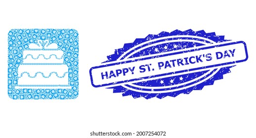 Happy St. Patrick S Day textured seal imitation and vector recursion mosaic marriage cake. Blue seal has Happy St. Patrick S Day tag inside rosette.