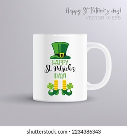 Happy st Patrick s day - lettering with leprechaun. Vector Illustration with coffee mug mockup