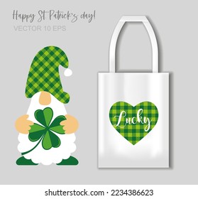 Happy st Patrick s day - lettering with heart and leprechaun. Vector Illustration with tote bag mockup