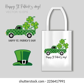 Happy st Patrick s day - lettering with Farm Truck and leafs clover. Illustration with tote bag mockup