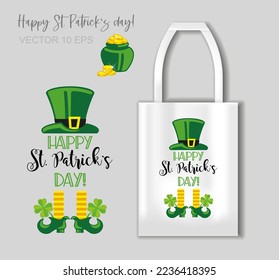 Happy st Patrick s day - lettering with leprechaun. Vector Illustration with tote bag mockup and Green full pot with gold coins