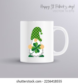 Happy st Patrick s day - Gnome holds a leafs clover. Illustration with coffee mug mockup