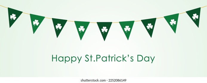happy st. patrick s day, panoramic vector card, green pennants with shamrock symbol