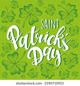 Happy St. Patrick s Day Calligraphy with Shamrocks Festive Green Typography on White Background