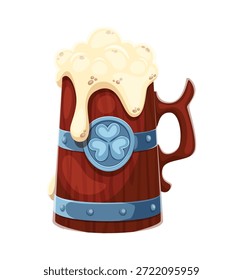 Feliz día de San Patricio cerveza o cerveza. Bebida de alcohol de pub irlandés aislado de madera tankard con trébol, icono de cerveza de fiesta de San Patricio. Vacaciones de la cultura de Irlanda espumosa bebida de Vector de dibujos animados de cerveza