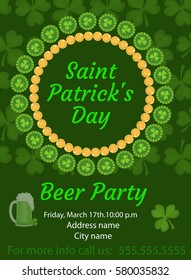 Happy St. Patrick s Day invitation, poster, flyer. Beer Party template for your design. Vector illustration