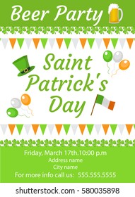 Happy St. Patrick s Day invitation, poster, flyer. Beer Party template for your design. Vector illustration