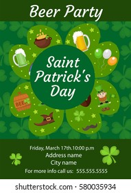 Happy St. Patrick s Day invitation, poster, flyer. Beer Party template for your design. Vector illustration