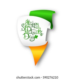 Happy St. Patrick s Day. Lettering on yellow, green and white flag in honor of celebration of traditional Irish holiday . illustration for design with colors of Ireland