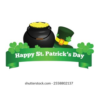 Happy St. Patrick_s Day Greeting Banner with Hat and Pot. National Irish Holiday celebration design element