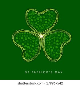 Happy St. Patrick's celebrations flyer, banner or poster with beautiful Irish lucky shamrock leaf on green background. 