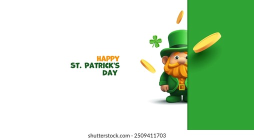 Happy St. Patrick's Day. 3D character of Patrick hiding behind the banner. Coins, clover, symbol of success. For celebrating a religious event, festivals, or parties. Vector