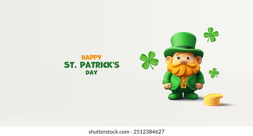 Feliz día de San Patricio. Personaje 3D en un traje verde y una barba naranja. San Patricio con monedas y hojas de trébol. Anuncio de conceptos publicitarios. Ilustración vectorial.