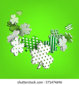 Happy St. Patrick's Day. 3d model falling leaf clover. Abstract background of shamrocks. Isolated element. Irish decor for web sites, banners, greeting cards, posters, flyers, advertising. Vector 