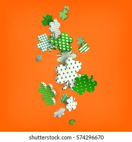 Happy St. Patrick's Day. 3d model falling leaf clover. Abstract background of shamrocks. Isolated element. Irish decor for websites, banners, cards, posters, flyers, advertising. Vector illustration