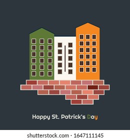 Happy St. Patrick's Day Abstract Card With Green, White And Orange Buildings And Bricks. 