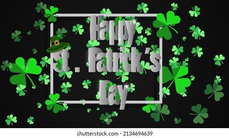 Happy St Patrick's Day. Abstract Background with Green Flying Clovers Leaves  and Leprechaun hat. backdrop black color vector illustration.