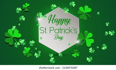 Happy St Patrick's Day. Abstract Background polygon shape with Green Flying Clovers Leaves. backdrop black color vector illustration.