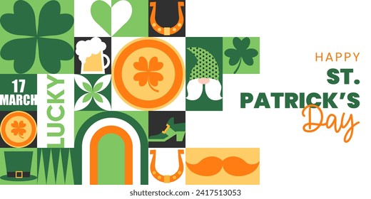 Happy St. Patrick's Day abstract geometric horizontal background with a leprechaun hat, clover, gold coins, horseshoe, beer, simple forms. Trendy vector illustration for banner, poster, social media.