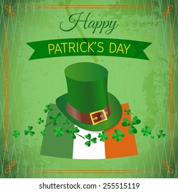 happy St. Patrick's Day abstract background with leprechaun hat and flag. Vector illustration