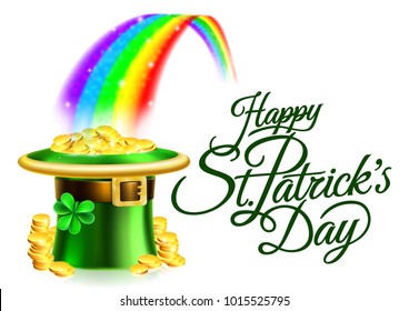 A Happy St Patricks Day background sign with leprechauns green shamrock clover hat full of gold coins at the end of a rainbow