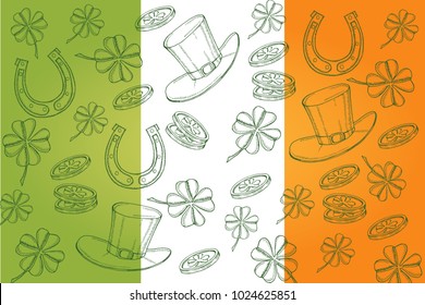 
Happy St Patrick's day. Background with hand drawn symbols in sketch style  Engraving objects. Irish Flag. Banner, flyer, brochure. background for holidays, postcards, websites