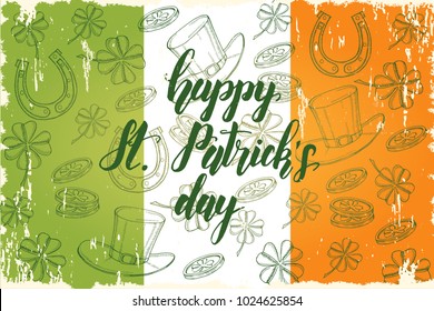 
Happy St Patrick's day. Background with hand drawn symbols and hand made lettering. Sketch. Engraving objects. Irish Flag. Banner, flyer, brochure. background for holidays, postcards, websites