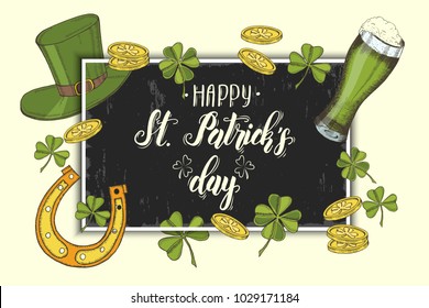 Happy St Patrick's day. Background with hand drawn symbols in sketch style and hand made Lettering. Engraving objects. Banner, flyer, brochure. background for holidays, postcards, websites