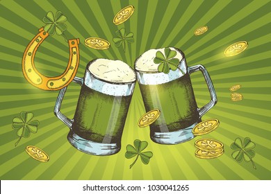 Happy St Patrick's day. Background with hand drawn green beer, horseshoe, clover and gold coins in sketch style.  Banner, flyer, brochure. Poster for holidays, postcards, websites