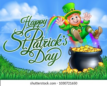 Happy St Patricks Day background with a leprechaun cartoon character sliding down to a pot of gold at the end of the rainbow.