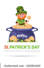 Happy St. Patricks Day Background With Cute Leprechaun Sitting On Pot With Golden Coins Flat Vector Illustration