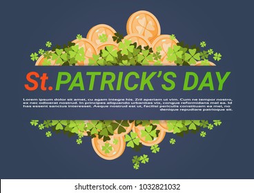 Happy St. Patricks Day Background With Golden Coins And Clover Leaves Flat Vector Illustration