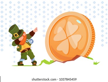 Happy St. Patricks Day Background Green Man Leprechaun Over Golden Coin With Clover Sing Flat Vector Illustration
