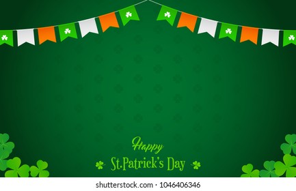 Happy St. Patrick's Day background Vector illustration. Flag garland, Shamrock with copy space on green pattern background.