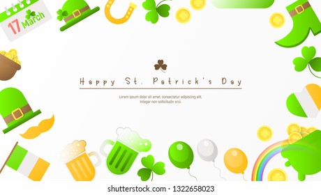 Happy St. Patrick's Day Background with Irish Festival Icons. Patricks Day Frame. Place for Text. Vector Illustration.