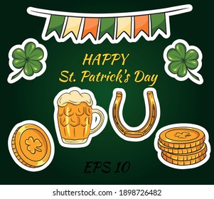 Happy St. Patrick's Day background with Irish icons and symbols of the holiday.