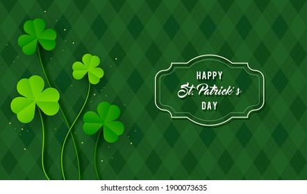 Feliz Día de San Patricio, ilustración vectorial. Hojas de Shamrock en el fondo del patrón de argyle verde