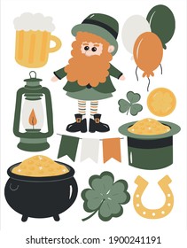 Happy St. Patrick's Day Background with Irish Icons. Vector illustration. Symbols of St Patrick's Day. Leprechaun, gold and coins, treasures. Traditional holiday symbols.