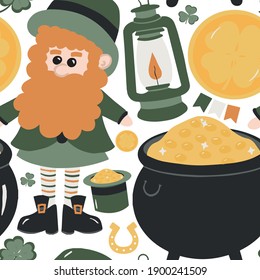 Happy St. Patrick's Day Background with Irish Icons. Vector illustration. Symbols of St Patrick's Day. Leprechaun, gold and coins, treasures. Seamless pattern of the traditional holiday symbols.