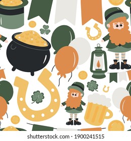 Happy St. Patrick's Day Background with Irish Icons. Vector illustration. Symbols of St Patrick's Day. Leprechaun, gold and coins, treasures. Seamless pattern of the traditional holiday symbols.