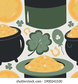 Happy St. Patrick's Day Background with Irish Icons. Vector illustration. Symbols of St Patrick's Day. Leprechaun, gold and coins, treasures. Seamless pattern of the traditional holiday symbols.