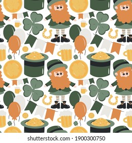 Happy St. Patrick's Day Background with Irish Icons. Vector illustration. Symbols of St Patrick's Day. Leprechaun, gold and coins, treasures. Seamless pattern of the traditional holiday symbols.