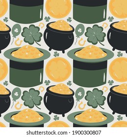 Happy St. Patrick's Day Background with Irish Icons. Vector illustration. Symbols of St Patrick's Day. Leprechaun, gold and coins, treasures. Seamless pattern of the traditional holiday symbols.