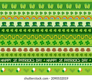 Happy st patrick's day! St. Patrick's day background in green colors. Seamless Pattern background with three - leaved shamrocks. St. Patrick's day holiday symbol. Irish symbols of the holiday 17 march