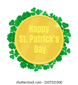 Happy St. Patricks day background with golden coin and clover frame