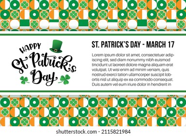 Happy St. Patricks Day background with hand drawn lettering. Vector illustration for Irish holiday. Text, calligraphy, border on geometric pattern with clovers. Poster, greeting card, banner design